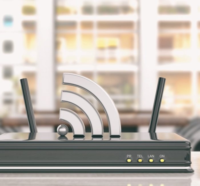 Black wifi router in an office background. 3d illustration